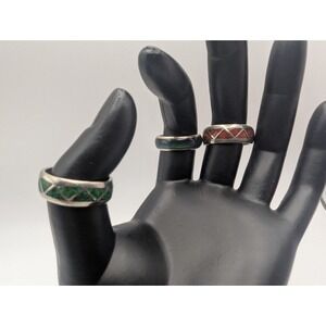 Men's Inlay Band Rings Set of 3 Green Red Black Metal Mosaic Design Szs 6.5-7.5